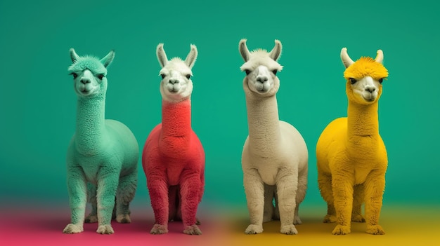 Foto grupo ai generativo de cores diferentes positivas de animais engraçados de alpacas ou lamas