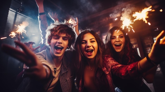 Foto un grupo alegre de amigos disfruta de la fiesta de año nuevo en un club nocturno la gente está bebiendo bailando y pasando un buen rato en la fiesta