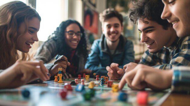 Foto un grupo alegre de amigos reunidos alrededor de una mesa de café absortos en una animada sesión de juegos de mesa la risa llena el aire mientras planean estrategias y disfrutan de la compañía de los demás creando cheri