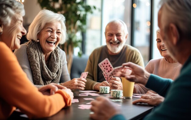Un grupo alegre de ancianos jugando a las cartas y compartiendo risas en un hogar de ancianos. La camaradería y el disfrute crean una atmósfera cálida y animada en el espacio de vida de la comunidad.