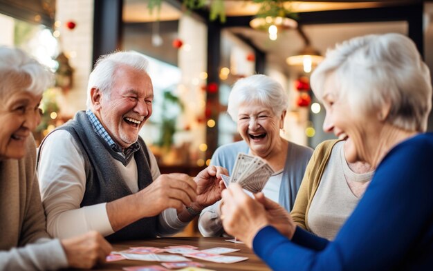 Un grupo alegre de ancianos jugando a las cartas y compartiendo risas en un hogar de ancianos. La camaradería y el disfrute crean una atmósfera cálida y animada en el espacio de vida de la comunidad.