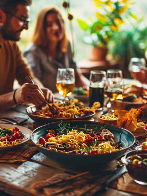 Grupo alegre de companheiros desfrutando de macarrão em casa jantar reunindo indivíduos animados tendo refeição de meio-dia juntos ideia de estilo de vida com machos e fêmeas se alegrando de Ação de Graças efeito vibrante