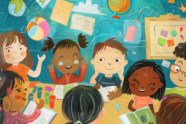 Un grupo alegre y diverso de niños celebrando la vuelta a la escuela con una colorida ilustración educativa que muestra emoción y felicidad