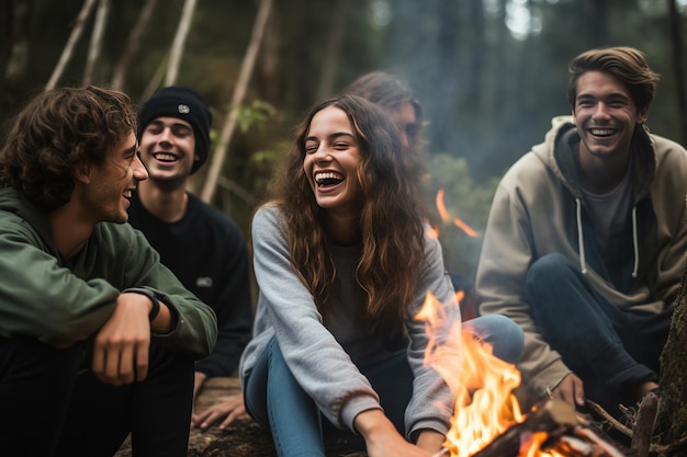 Un grupo alegre de millennials riendo y uniéndose alrededor de una fogata encarnando la amistad y la diversión
