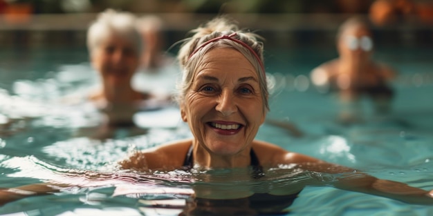 Un grupo alegre de mujeres mayores disfrutando de ejercicios aeróbicos en el agua para un espacio de copia de envejecimiento vibrante.