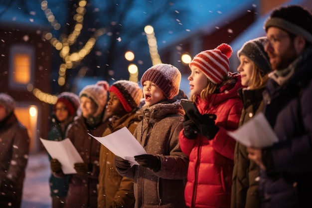 Foto un grupo alegre de niños cantando de corazón mientras los copos de nieve caen a su alrededor niños y adultos cantando en un vecindario nevado para la navidad generada por ia