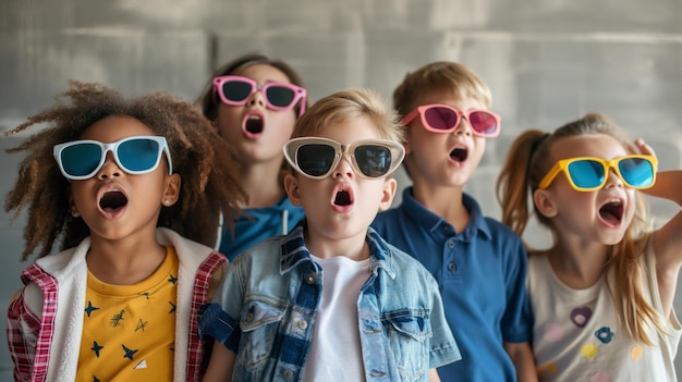 Un grupo alegre de niños llevan grandes gafas de sol vibrantes mientras hacen caras lúdicas