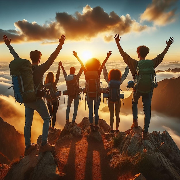 Foto un grupo alegre de personas aplaudiendo y siendo felices en la cima de la montaña al atardecer