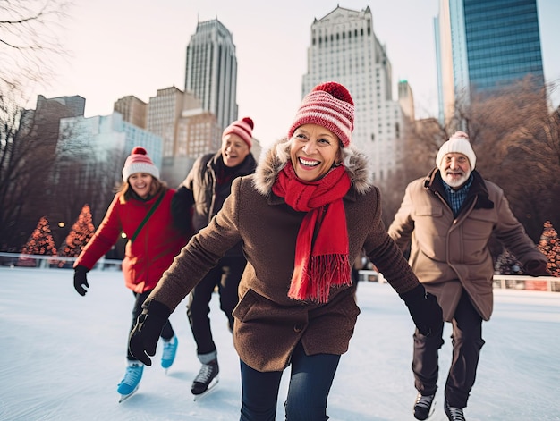 Un grupo de alegres amigos mayores multiétnicos hombres y mujeres disfrutan de patinaje sobre hielo en una pista de patinaje del parque de la ciudad