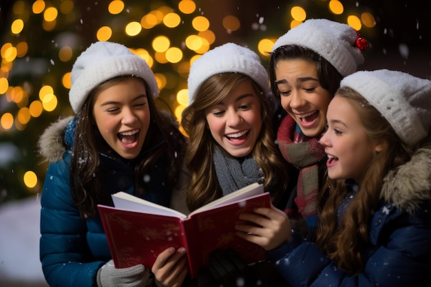 Un grupo de alegres caroleros con sus libros de canciones cantando canciones navideñas bajo el brillo