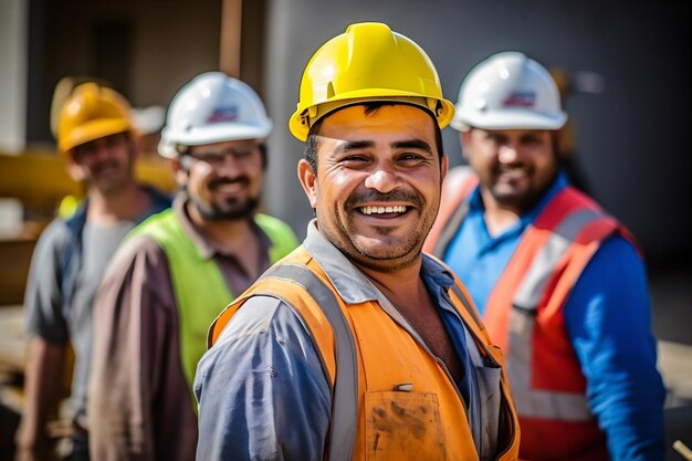 grupo de alegres gerentes profesionales de la construcción y trabajadores