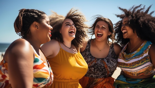 Un grupo de alegres mujeres jóvenes de varias nacionalidades en vibrantes trajes de verano riendo y disfrutando de un día en la playa El concepto de diversidad y apariencia no estándar