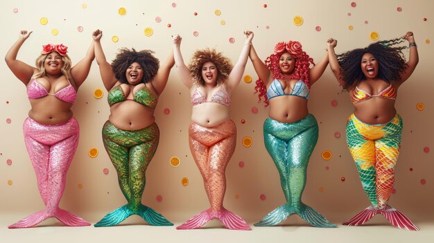 Grupo de alegres mujeres de tamaño plus en trajes de baño de sirena coloridos posando sobre un fondo beige