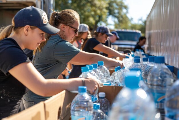 Foto un grupo de alegres voluntarios llenando ocupadamente cajas de cartón con botellas de agua fuera de un camión