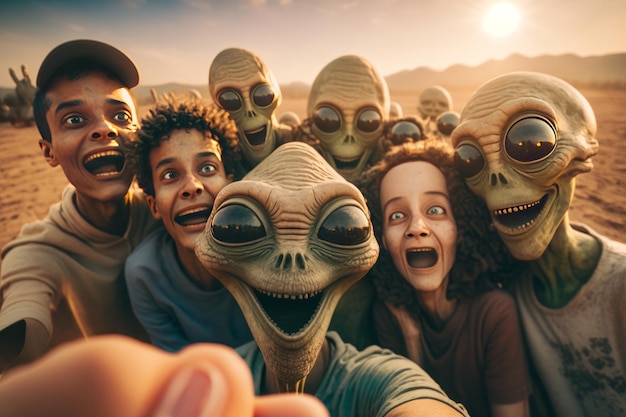 Un grupo de alienígenas divertidos en el desierto 3D Rendering