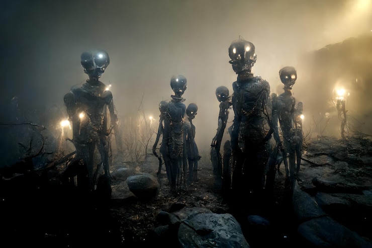Foto grupo de alienígenas feos apenas humanoides en una ominosa atmósfera brumosa arte generado por redes neuronales