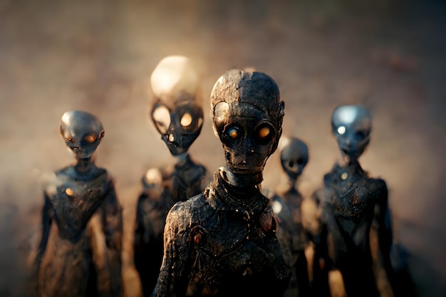 Foto grupo de alienígenas feos apenas humanoides en una ominosa atmósfera brumosa arte generado por redes neuronales