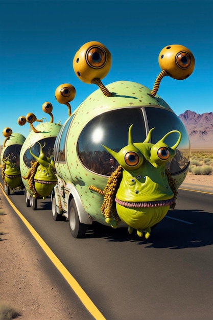 Grupo de alienígenas verdes como vehículos conduciendo por una carretera generativa ai