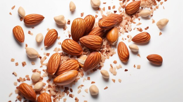 Grupo de almendras salpicando sobre un fondo blanco