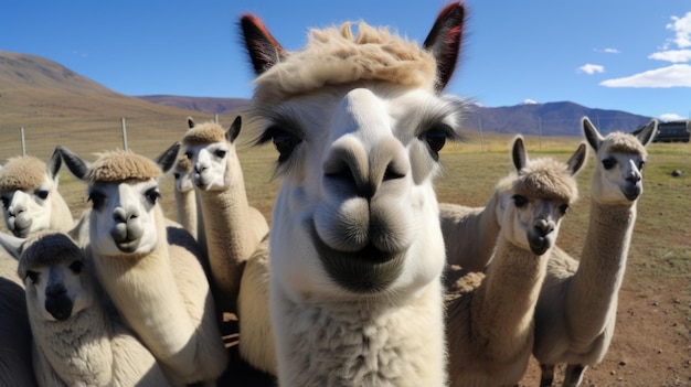 Foto un grupo de alpacas mirando a la cámara