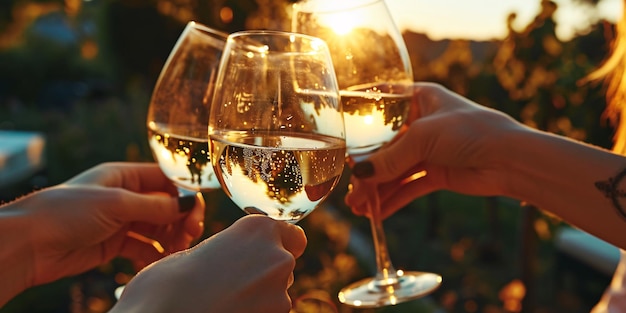 Un grupo de amigas aplauden con copas de Chardonnay durante una puesta de sol