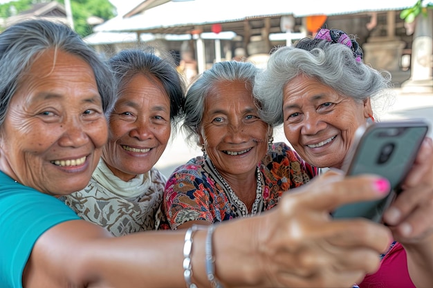 Un grupo de amigas asiáticas se toman una selfie en Angkor Wat Siem Reap, Camboya.