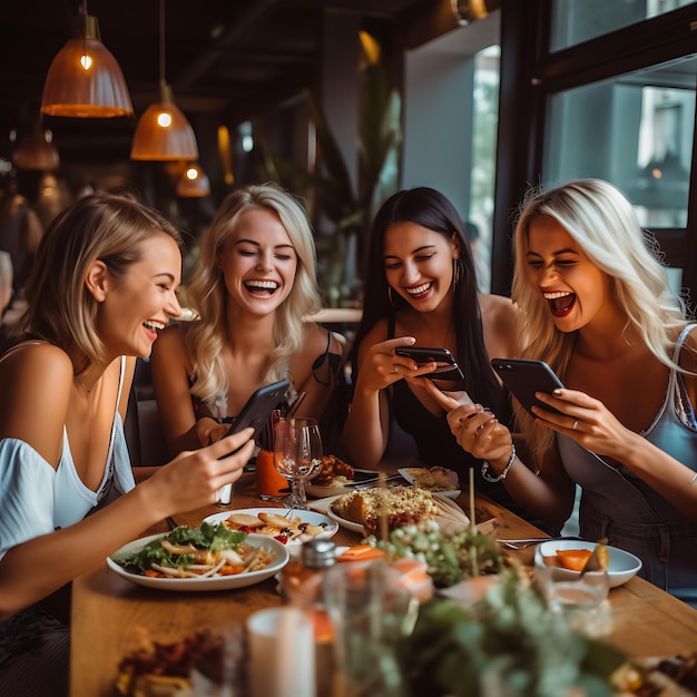 Un grupo de amigas están sentadas en un restaurante y todas toman fotografías con sus teléfonos inteligentes.