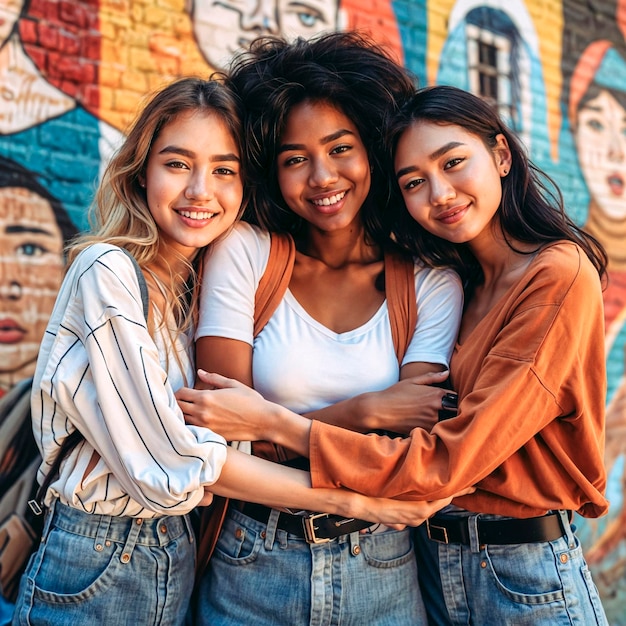 Un grupo de amigas jóvenes de pie frente a una pared de graffiti sonriendo