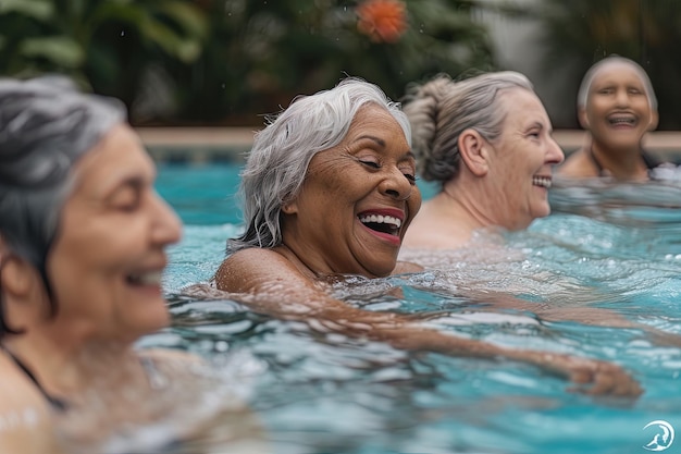 Un grupo de amigas mayores multiétnicas nadando en una piscina de un complejo turístico durante las vacaciones de verano