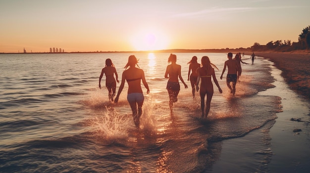 Un grupo de amigas en la puesta de sol en la playa