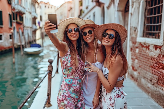 Grupo de amigas viajeras en un elegante mono en Venecia tomando una selfie con su teléfono