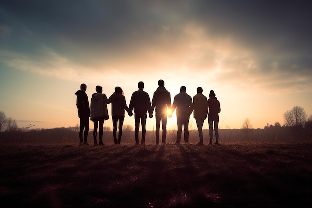 Un grupo de amigos abrazados contemplando la puesta de sol en lo alto de una colina junto al mar