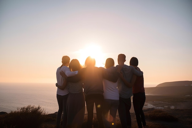 Un grupo de amigos abrazados contemplando la puesta de sol en lo alto de una colina junto al mar