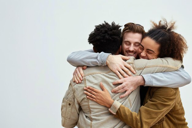 Un grupo de amigos abrazándose entre sí en un abrazo