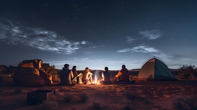 Foto un grupo de amigos acampando bajo las estrellas en un desierto remoto