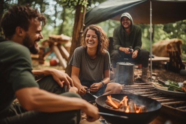 Grupo de amigos acampando juntos cocinando comida