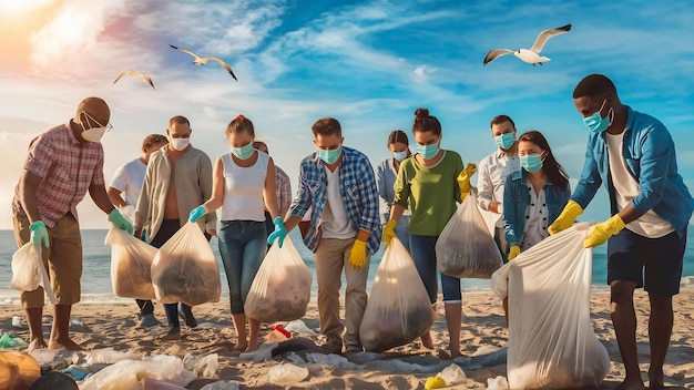 Grupo de amigos activistas recogiendo residuos plásticos en la playa conservación del medio ambiente
