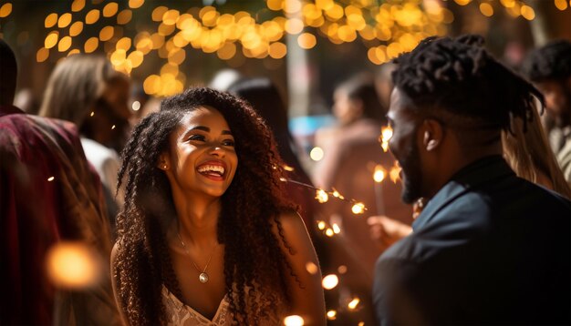 Grupo de amigos afroamericanos divirtiéndose en una boda boho sentados en la mesa de comedor por la noche