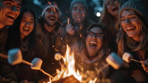 Foto un grupo de amigos se agrupan alrededor del fuego asando marshmallows y riendo como sus creaciones