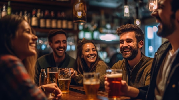 Foto grupo de amigos alegres con cervezas en el bar.