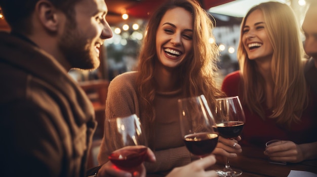 Grupo de amigos alegres tomando vino en una fiesta