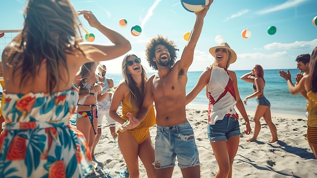 Foto grupo de amigos alegres en trajes de baño jugando al voleibol y divirtiéndose en la playa en un día soleado
