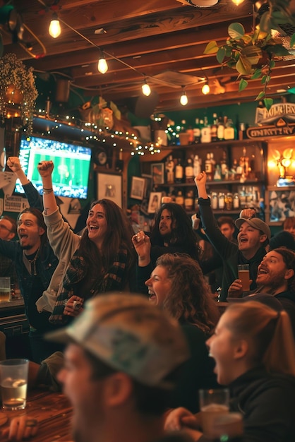 Un grupo de amigos aplauden con entusiasmo con los ojos fijos en la pantalla de la televisión mientras ven un partido de fútbol