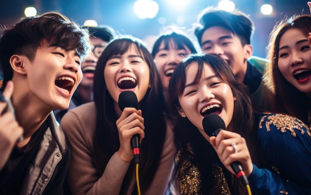 Un grupo de amigos asiáticos cantando en un bar de karaoke cantando y divirtiéndose juntos