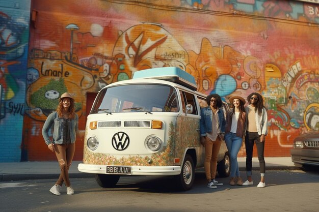 Un grupo de amigos en un autobús VW antiguo estacionado por una IA generativa