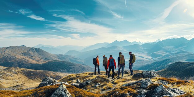 Un grupo de amigos en una aventura de senderismo vistas panorámicas de las montañas resplandecientes