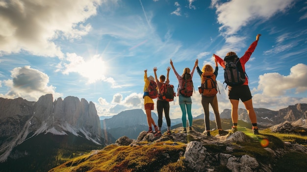 Un grupo de amigos en una aventura de senderismo vistas panorámicas de las montañas resplandecientes