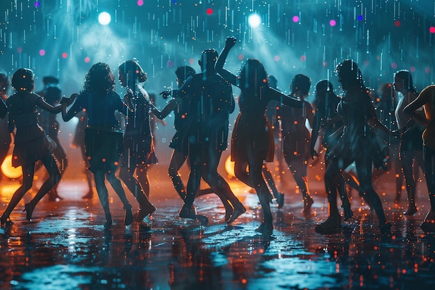 Un grupo de amigos bailando bajo la lluvia.
