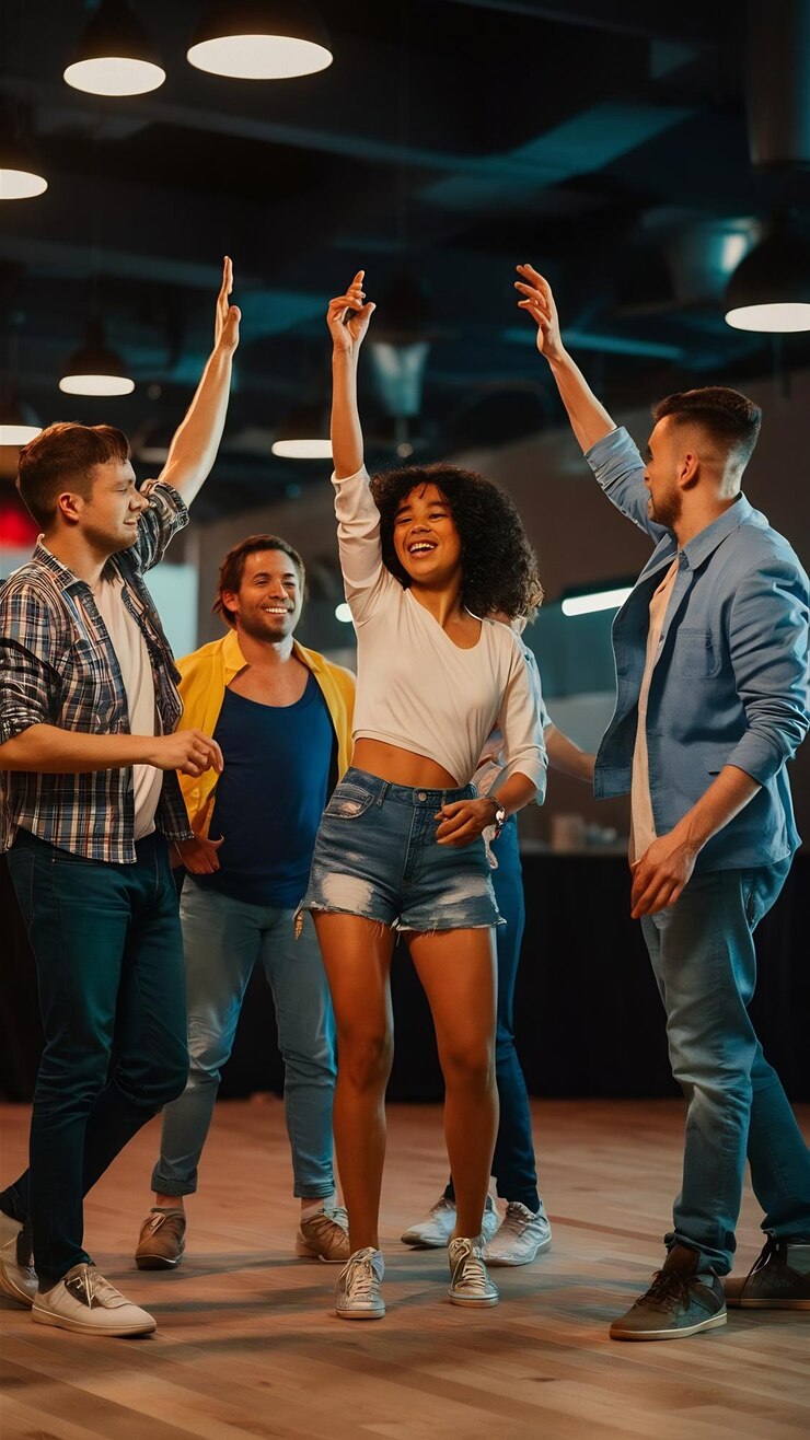 Foto grupo de amigos bailando