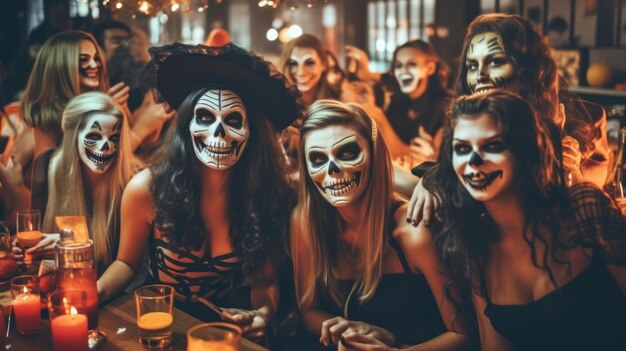 grupo de amigos en un bar con las palabras "calaveras" en la cara.